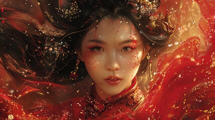 A powerful depiction of a young woman channeling the spirit of Chinese folklore, rich in red and gold - obrazy, fototapety, plakaty