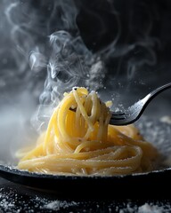 Action shot of pasta being twirled on a fork, perfectly capturing the fluidity and grace of the sauce - obrazy, fototapety, plakaty