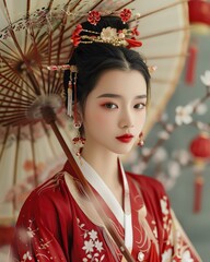 A woman in traditional Chinese attire, symbolizing strength and beauty during a festive New Year scene - obrazy, fototapety, plakaty