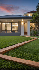 Contemporary Australian House, Front Lawn Featuring Synthetic Turf and Wooden Borders.