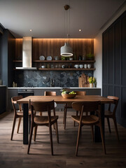 Contemporary Cooking Area, Large Room with Modern Interior Design, Enhanced by Wood Table and Chairs, Set Against a Dark Classic Wall.