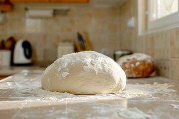 Art of baking bread at home dough rising on the kitchen counter  