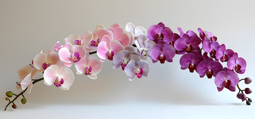 An exquisite arrangement of orchid blooms in various shades of purple and white presented in a crystal vase. High quality photo