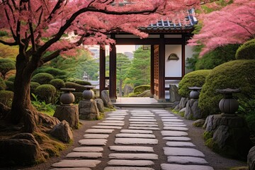 Fototapeta premium A stone pathway leads to a wooden torii gate, framing a view of the garden's central cherry blossom tree.