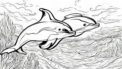 Monochrome coloring for children two dolphins - obrazy, fototapety, plakaty