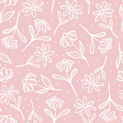 Pink floral vector pattern cute pastel flower print with daisies, repeating wallpaper