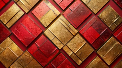 Regal pattern with embossed gold and red squares, creating a rich textural effect for exclusive event invitations or deluxe branding materials - obrazy, fototapety, plakaty