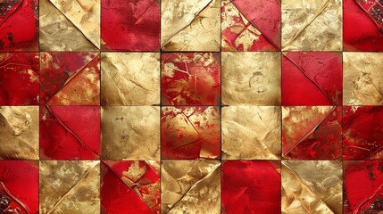 Seamless pattern with metallic gold and vibrant red squares, suitable for festive occasion decorations or glamorous fashion accessories - obrazy, fototapety, plakaty