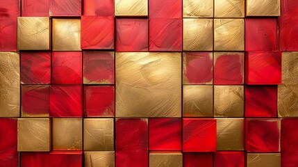 Seamless pattern with metallic gold and vibrant red squares, suitable for festive occasion decorations or glamorous fashion accessories - obrazy, fototapety, plakaty