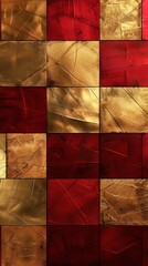Opulent geometric design featuring a grid of shimmering gold and deep red squares, perfect for luxury packaging or sophisticated home decor - obrazy, fototapety, plakaty