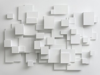 A collection of white squares and rectangles arranged in a creatively abstract pattern on a white background.