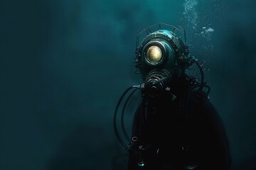 Illustration depicts a deep-sea diver enveloped in an abyss of darkness, with only the faint glow of their helmet light breaking through the inky blackness.