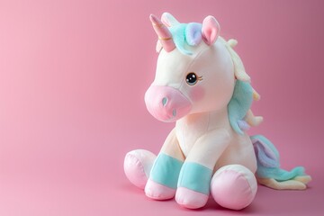 Obraz premium Plush unicorn toy with pastel mane on a pink background. Studio pet portrait. Fantasy and magic concept for design and print