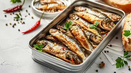 Tray of canned smoked sprats with bread and chilli 