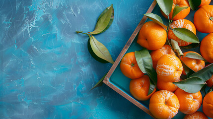 Tray of sweet tangerines on blue background with space