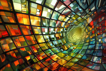 Abstract colorful mosaic square glasses in kaleidoscopic effect, curvy and wavy distortion perspective