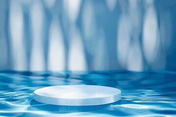 Abstract minimal nature scene - empty stage and circle podium on blue background with soft water waves shadows. Pedestal for cosmetic or beauty product and packaging mockups. generative ai.