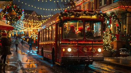 bus gliding through historic district adorned with festive holiday decorations with passengers bundled up in cozy scarves and hats enjoying nostalgic ride through winter wonderland of twinkling lights