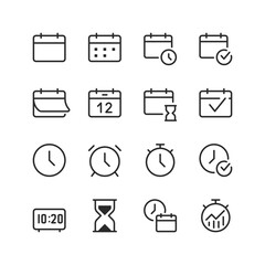 Date and Time, Scheduling linear style icon set. Calendars, clocks, alarms and timers. Agenda planning, reminders and deadlines. Organization and time management tools. Editable stroke width