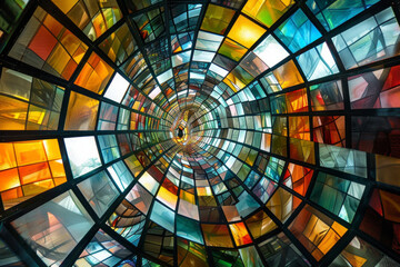 Abstract colorful mosaic square glasses in kaleidoscopic effect, curvy and wavy distortion perspective