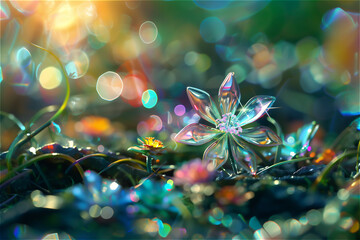 美しく幻想的なクリスタルの花。マクロ写真、ボケ効果、エレガントで華やかなディテール