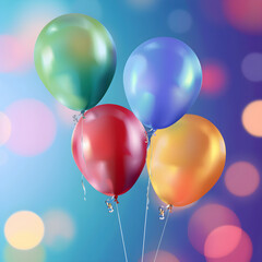 Four shiny balloons in red, green, blue, and yellow float gracefully against a festive bokeh backdrop
