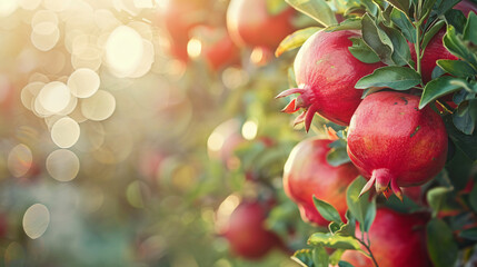 Tree with tasty pomegranates on farm closeup