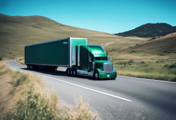 'rig big hauler transporting car truck trailer semi special cars green flat driving road hill freight trucking transportation transport semi-truck cloud cargo haulage'