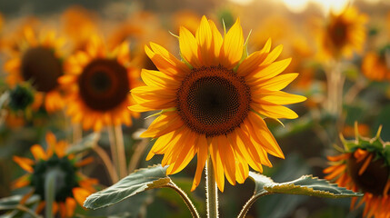 Sunflowers at dawn, petals turning toward the sun's light, bright yellow against dark centers.