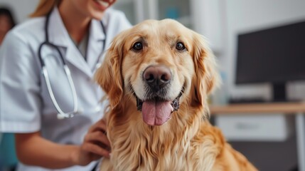 A veterinarian giving a checkup to a cooperative golden retriever, showing trust and professional care in pet health