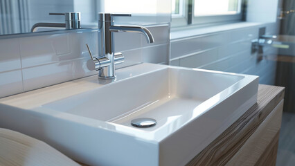 Fototapeta premium A modern bathroom sink with chrome faucet and a minimalist design in a natural light.