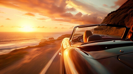 enchanting image portraying the freedom and adventure of convertible sports car cruising along scenic coastal road at sunset the wind in its occupants' hair and the golden glow of the sky