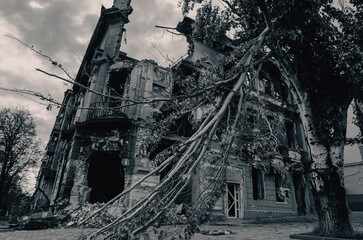 destroyed and burned houses in the city during the war in Ukraine