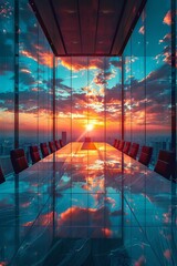 A conference room floating in the sky, connecting global leaders via holograms