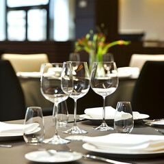 Sophisticated table arrangement with wine glasses, plates, and cutlery in a luxury dining environment