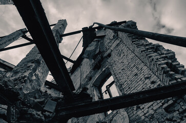 destroyed and burned houses in the city during the war in Ukraine