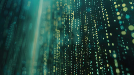 Abstract digital rain representing a matrix of glowing binary code cascading down.