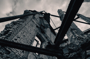 destroyed and burned houses in the city during the war in Ukraine