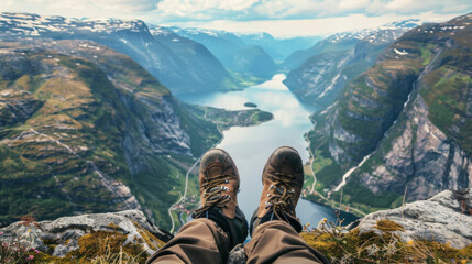 Adventurer's perspective with trekking boots overlooking a majestic Norwegian fjord.