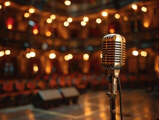 A golden microphone on a stage under a spotlight with an empty audience hall