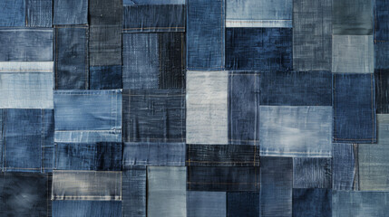 Textured patchwork of assorted blue denim fabric showcasing fashion and sustainability.