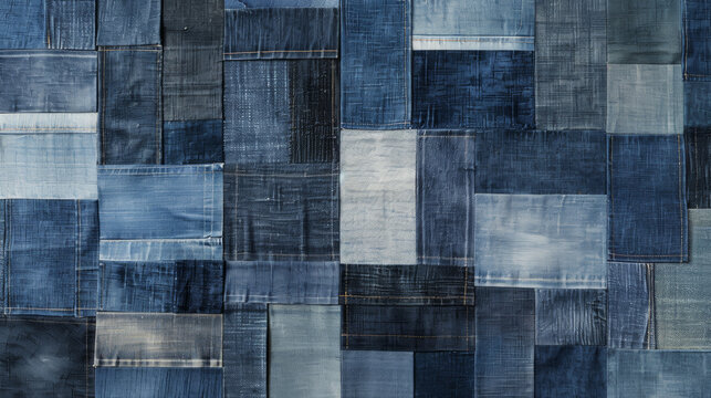 Textured patchwork of assorted blue denim fabric showcasing fashion and sustainability.