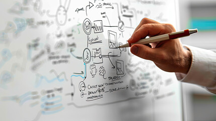 Person writing on a whiteboard, pen in hand, suitable for educational, business, or creative presentation concepts in design or social media.