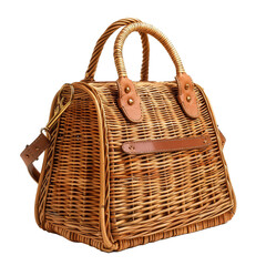 A wicker purse with a brown handle and a brown top