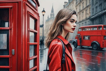 Watercolor composition London streetscape of beautiful young woman in a red telephone box.