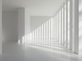 Naklejka premium Sunlight casting geometric shadows in a spacious white room with columns.