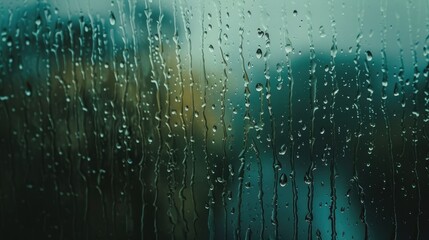 Close-up of raindrops on transparent glass.Blurred background of a silhouette landscape, blurred...