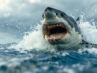 Fototapeta premium Majestic Great White Shark Breaching Surface with Jaws Open in Fierce Attack