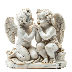 Two angels are sitting on a bench, one of them is holding the other's hand
