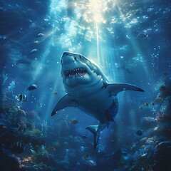 Colossal Great White Shark Prowling the Mysterious Ocean Floor Amidst Bioluminescent Marine Life